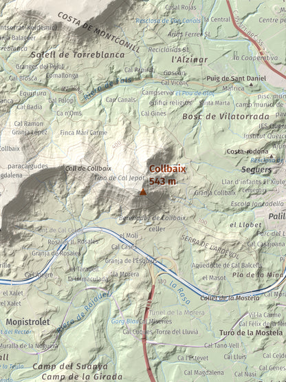 Mapa de relieve de Collbaix, 543 m, Bages, lámina 100 Cims de Trobart. Detalle de la zona central. 30 × 40 cm.