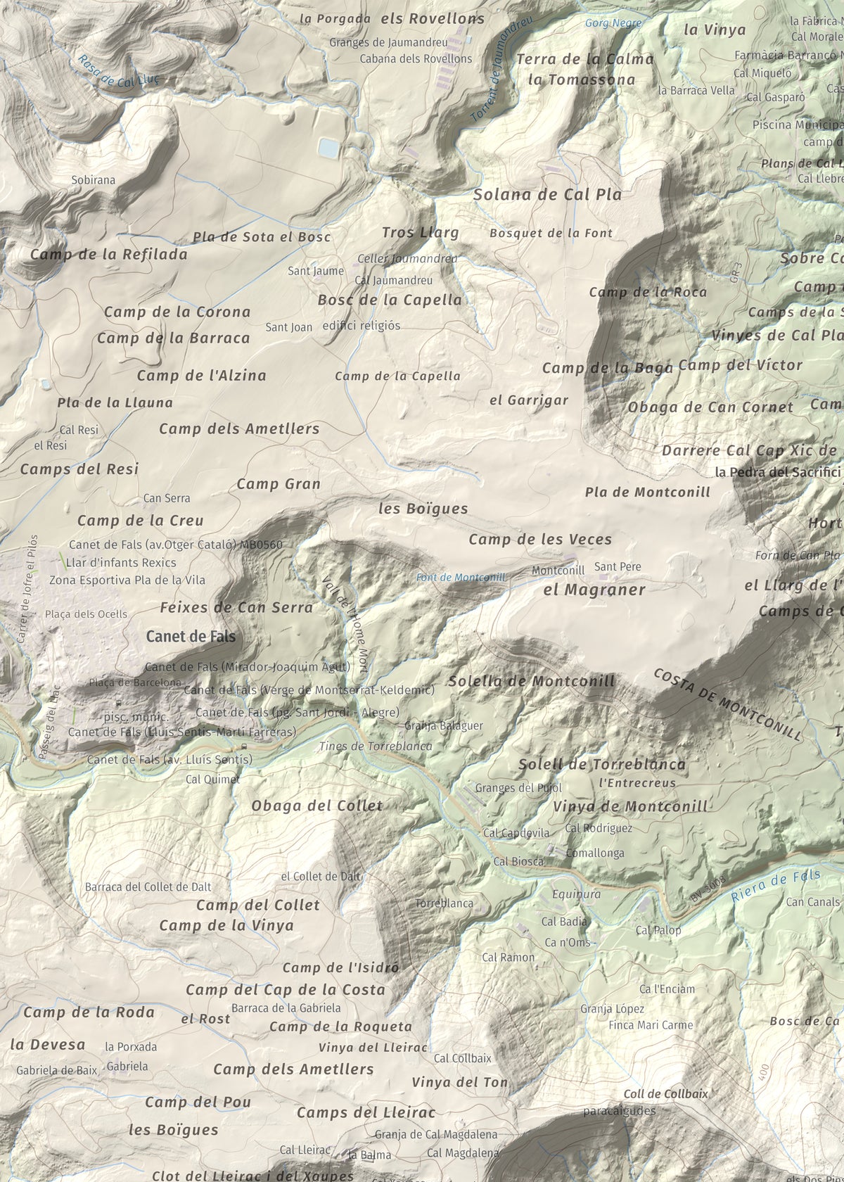 Mapa de relieve de Collbaix, 543 m, Bages, lámina 100 Cims de Trobart. Detalle de la zona superior izquierda. 50 × 70 cm.