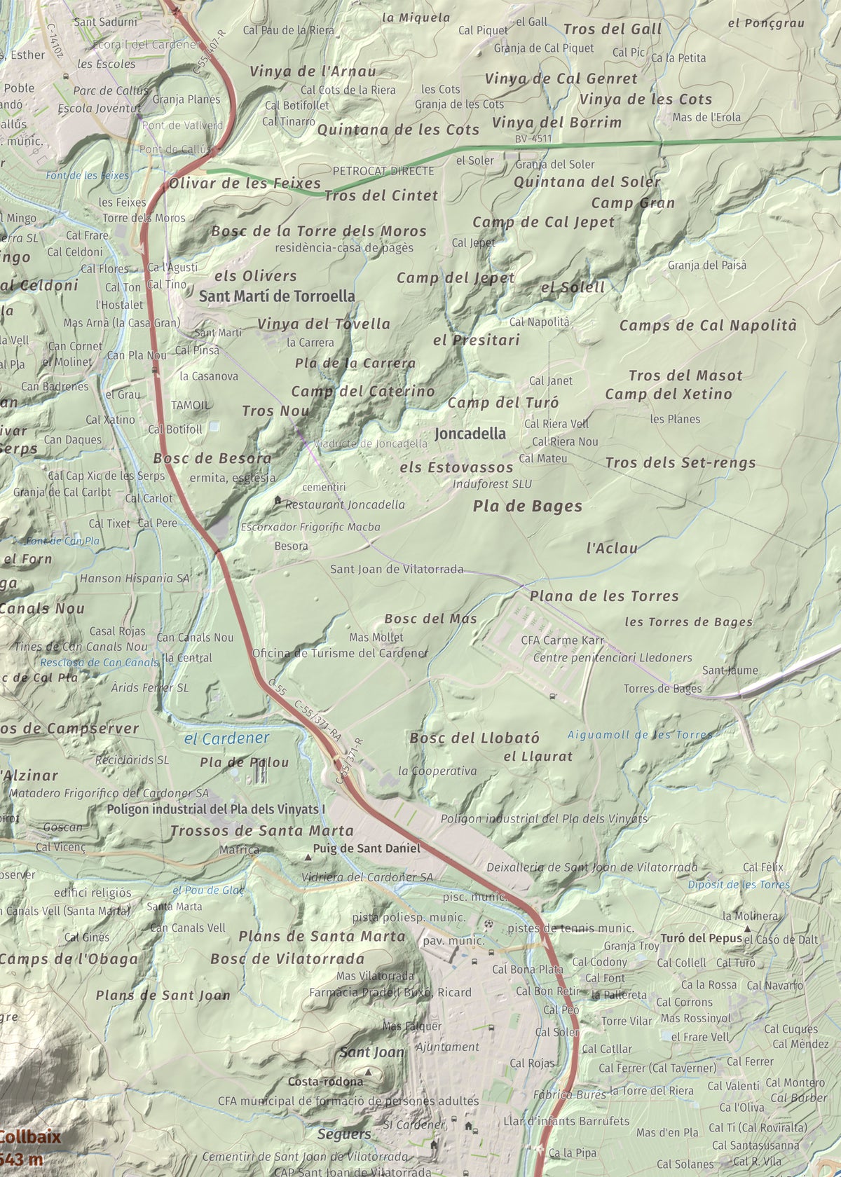 Mapa de relieve de Collbaix, 543 m, Bages, lámina 100 Cims de Trobart. Detalle de la zona superior derecha. 50 × 70 cm.