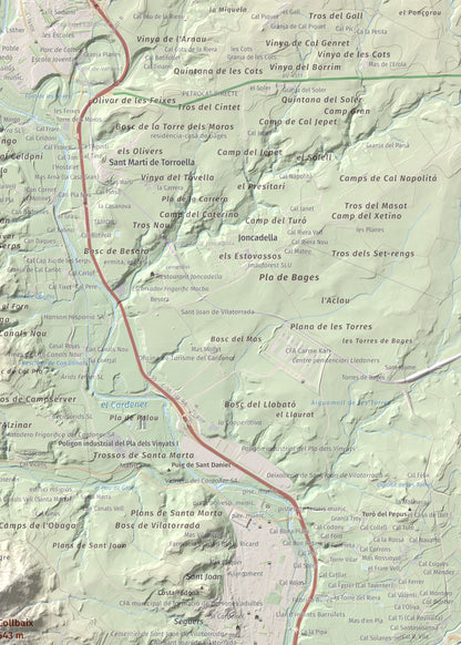 Mapa de relieve de Collbaix, 543 m, Bages, lámina 100 Cims de Trobart. Detalle de la zona superior derecha. 50 × 70 cm.