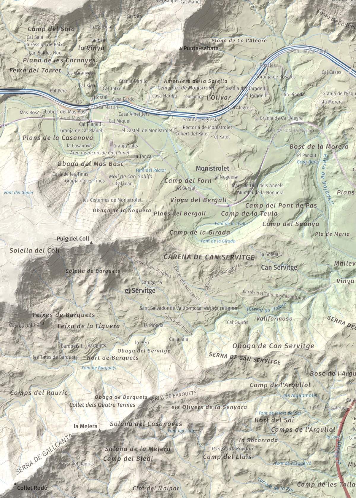 Mapa de relieve de Collbaix, 543 m, Bages, lámina 100 Cims de Trobart. Detalle de la zona inferior izquierda. 50 × 70 cm.