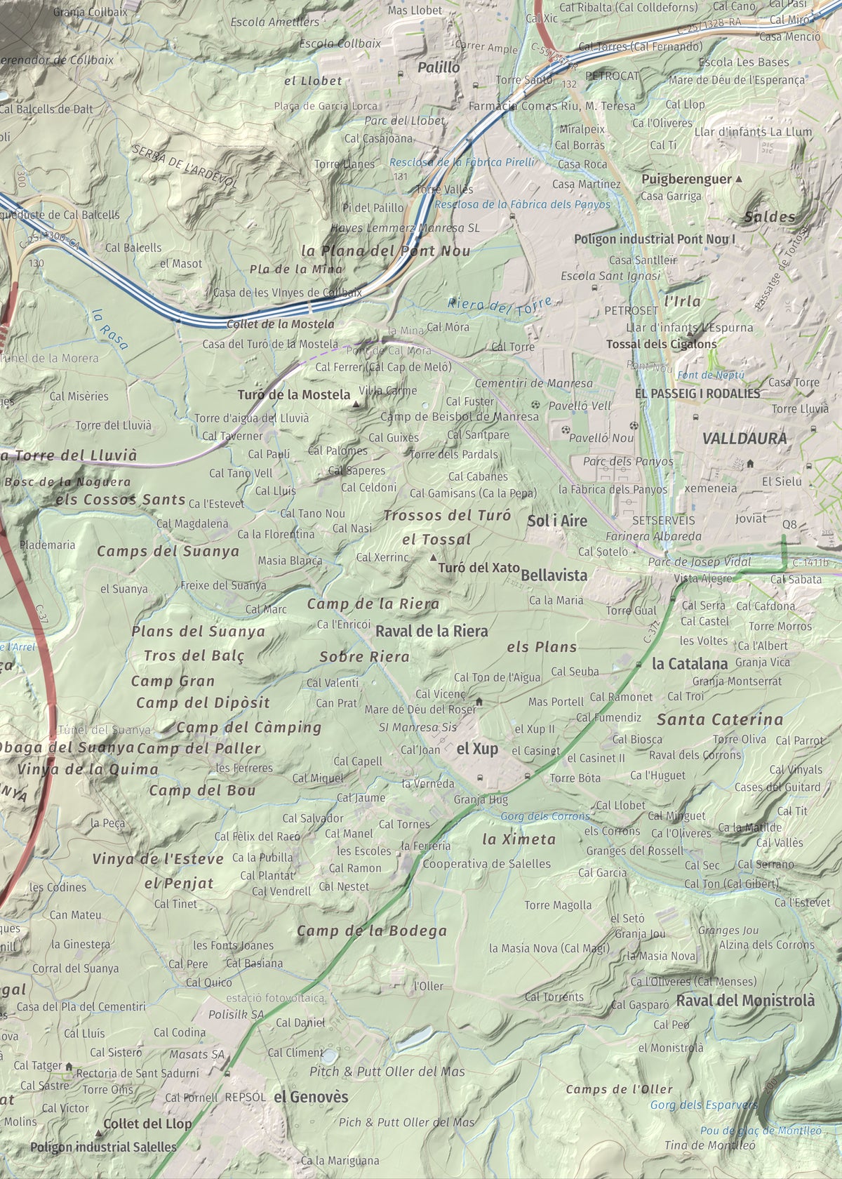 Mapa de relieve de Collbaix, 543 m, Bages, lámina 100 Cims de Trobart. Detalle de la zona inferior derecha. 50 × 70 cm.