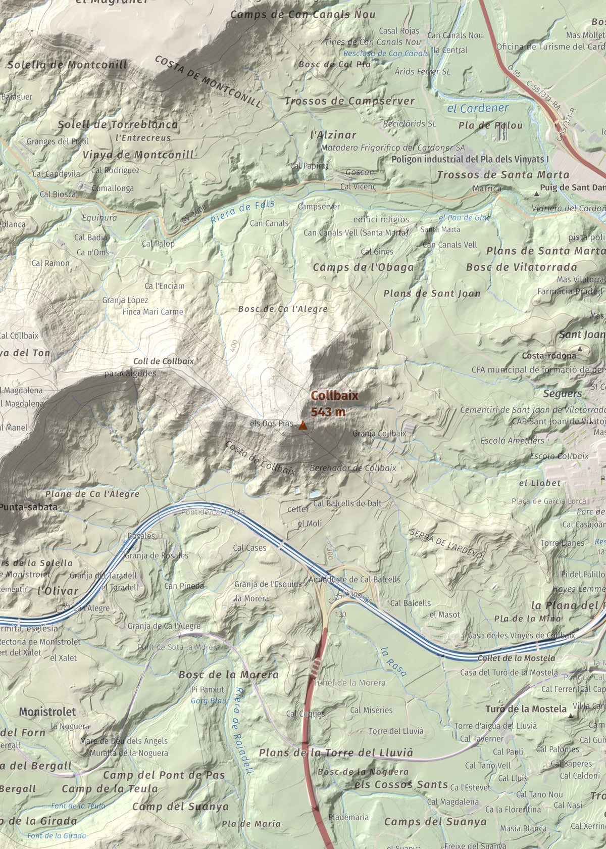 Mapa de relieve de Collbaix, 543 m, Bages, lámina 100 Cims de Trobart. Detalle de la zona central. 50 × 70 cm.