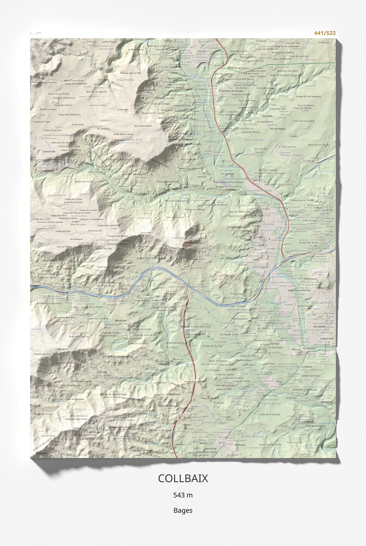 Mapa de relieve de Collbaix, 543 m, Bages, lámina 100 Cims de Trobart 61 × 91 cm.