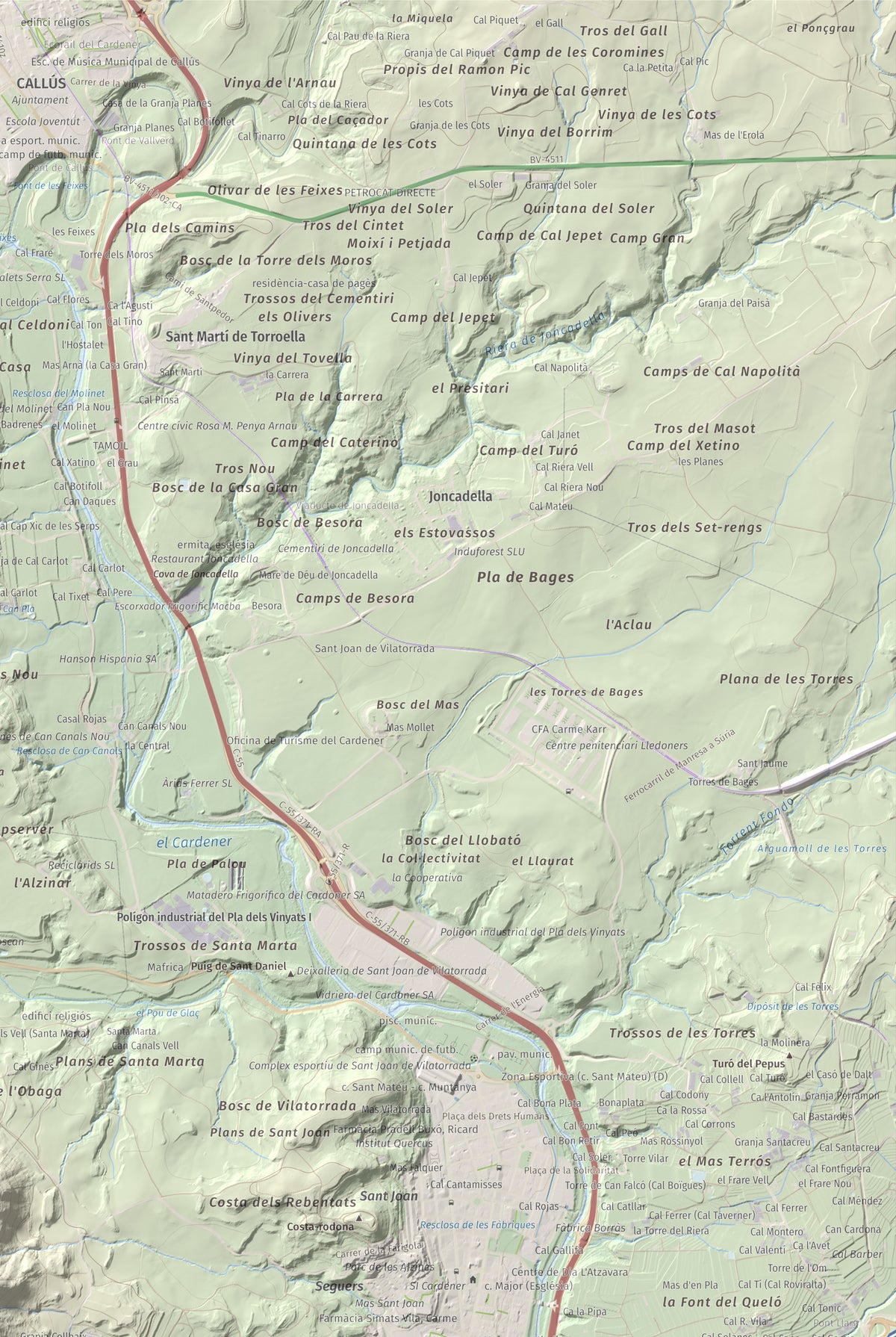 Mapa de relieve de Collbaix, 543 m, Bages, lámina 100 Cims de Trobart. Detalle de la zona superior derecha. 61 × 91 cm.