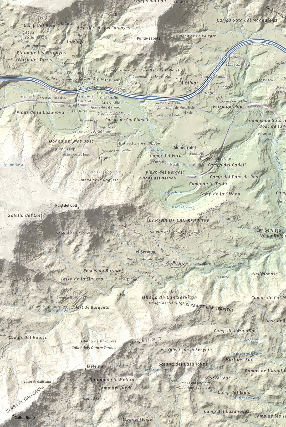 Mapa de relieve de Collbaix, 543 m, Bages, lámina 100 Cims de Trobart. Detalle de la zona inferior izquierda. 61 × 91 cm.