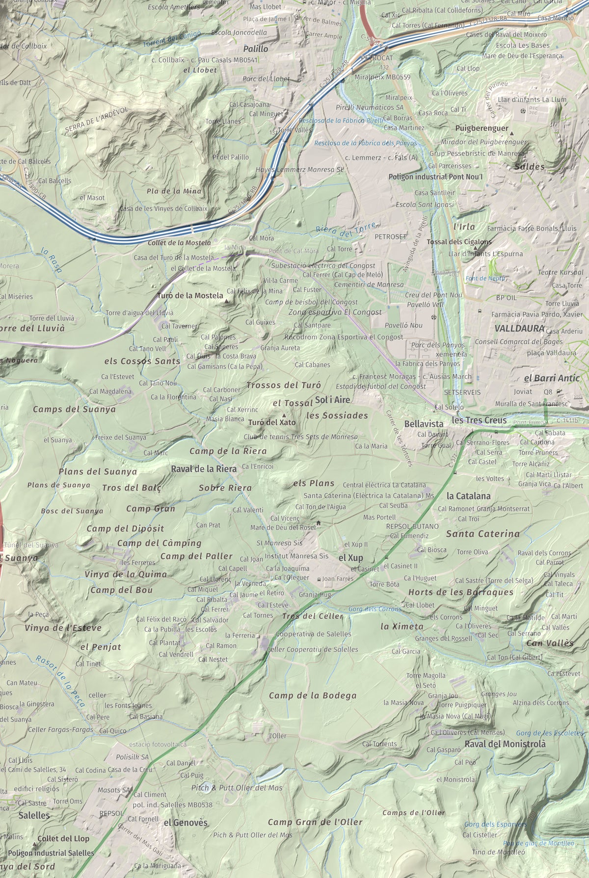 Mapa de relieve de Collbaix, 543 m, Bages, lámina 100 Cims de Trobart. Detalle de la zona inferior derecha. 61 × 91 cm.