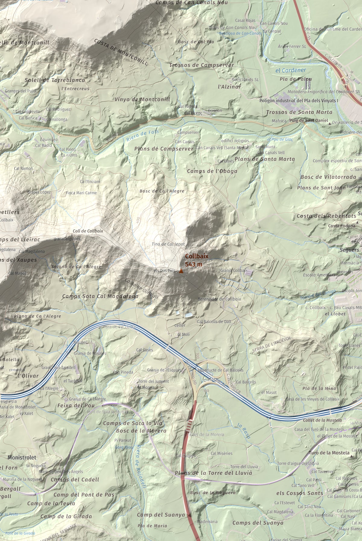 Mapa de relieve de Collbaix, 543 m, Bages, lámina 100 Cims de Trobart. Detalle de la zona central. 61 × 91 cm.