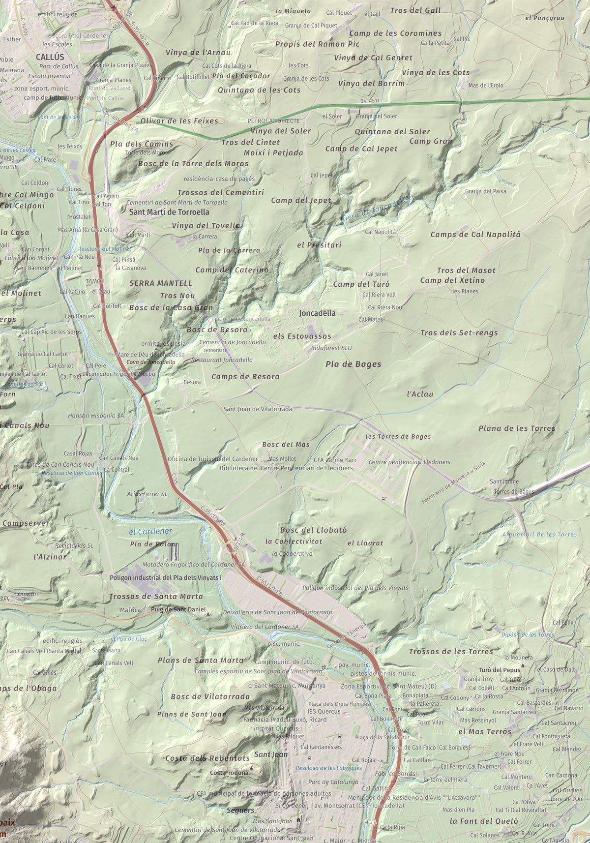 Mapa de relieve de Collbaix, 543 m, Bages, lámina 100 Cims de Trobart. Detalle de la zona superior derecha. 70 × 100 cm.