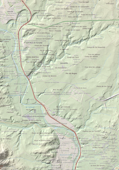 Mapa de relieve de Collbaix, 543 m, Bages, lámina 100 Cims de Trobart. Detalle de la zona superior derecha. 70 × 100 cm.