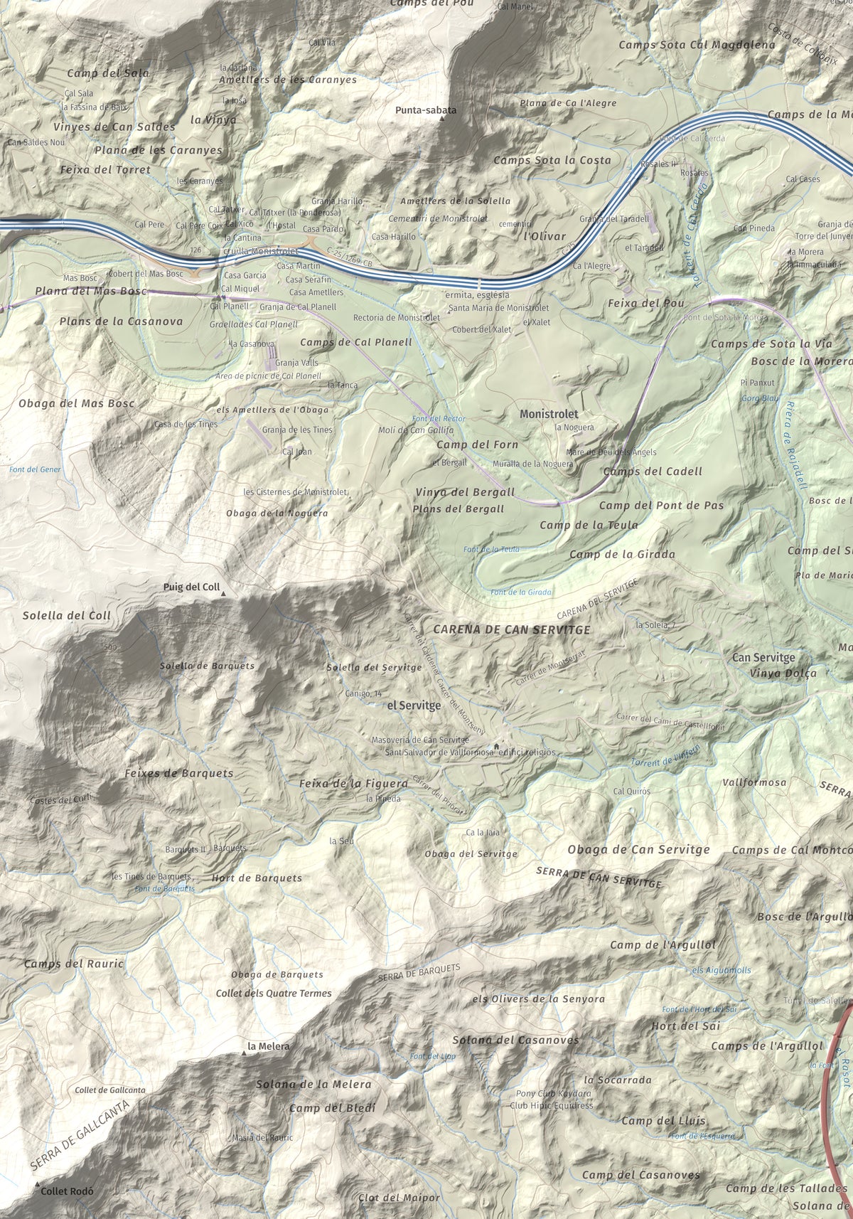 Mapa de relieve de Collbaix, 543 m, Bages, lámina 100 Cims de Trobart. Detalle de la zona inferior izquierda. 70 × 100 cm.