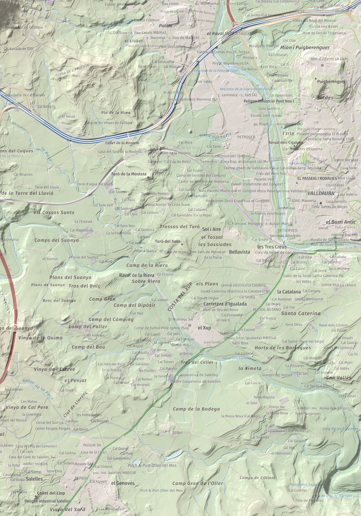 Mapa de relieve de Collbaix, 543 m, Bages, lámina 100 Cims de Trobart. Detalle de la zona inferior derecha. 70 × 100 cm.