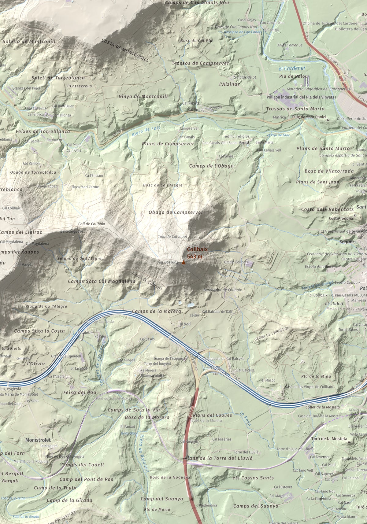 Mapa de relieve de Collbaix, 543 m, Bages, lámina 100 Cims de Trobart. Detalle de la zona central. 70 × 100 cm.