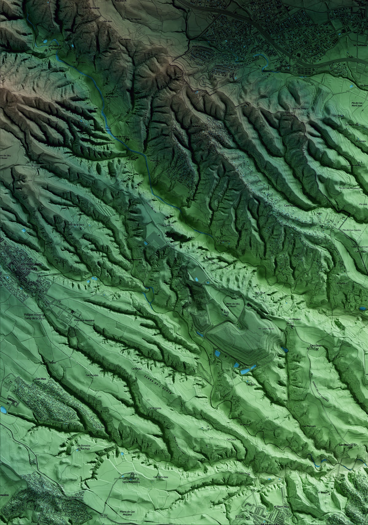 Mapa artístico del relieve de Collbató, al Baix Llobregat, con 15 km de entorno y base topográfica ICGC. Detalle de la zona inferior izquierda.