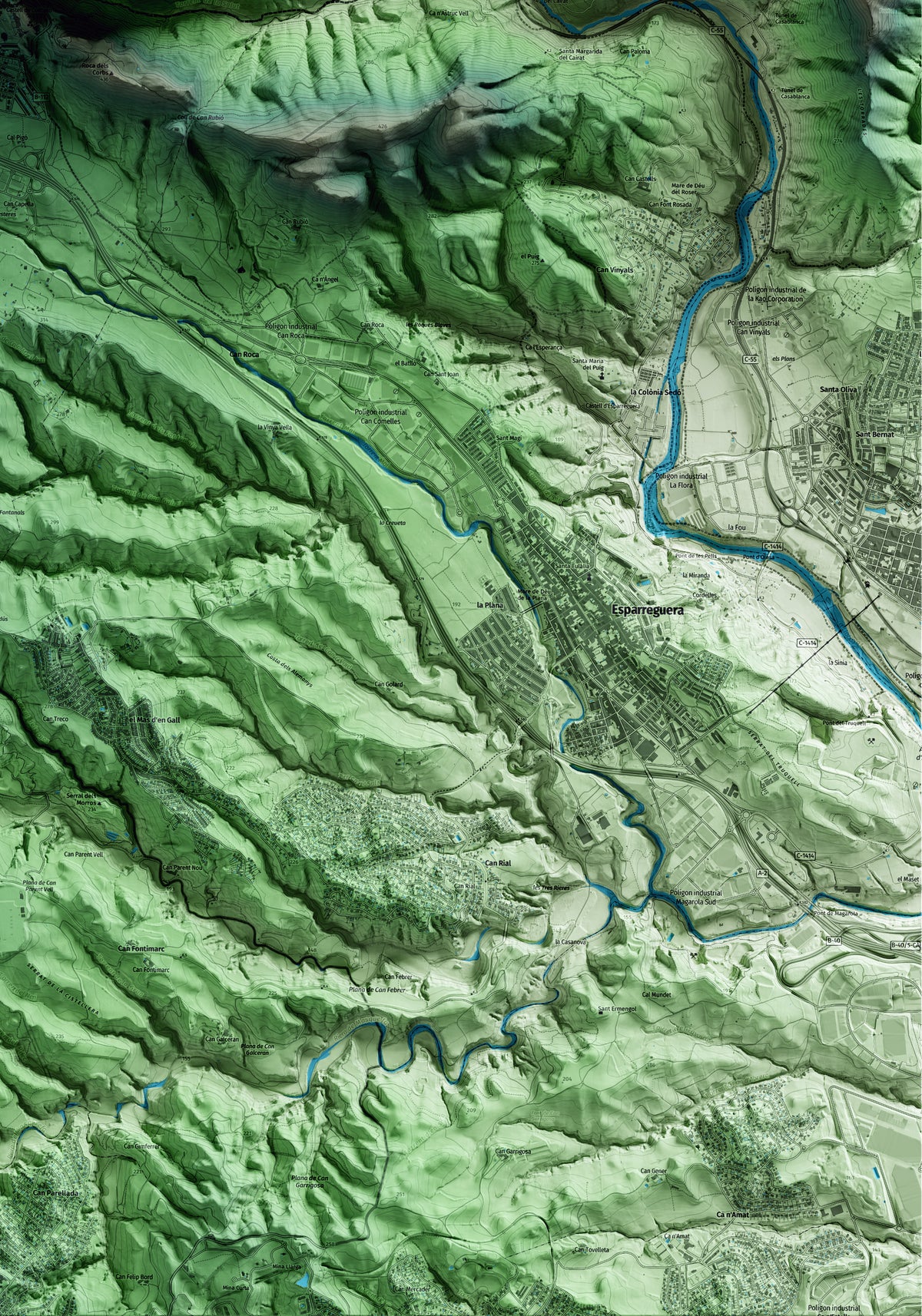 Mapa artístico del relieve de Collbató, al Baix Llobregat, con 15 km de entorno y base topográfica ICGC. Detalle de la zona inferior derecha.