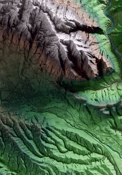 Mapa artístico del relieve de Collbató, al Baix Llobregat, con 15 km de entorno y base topográfica ICGC. Detalle de la zona central.