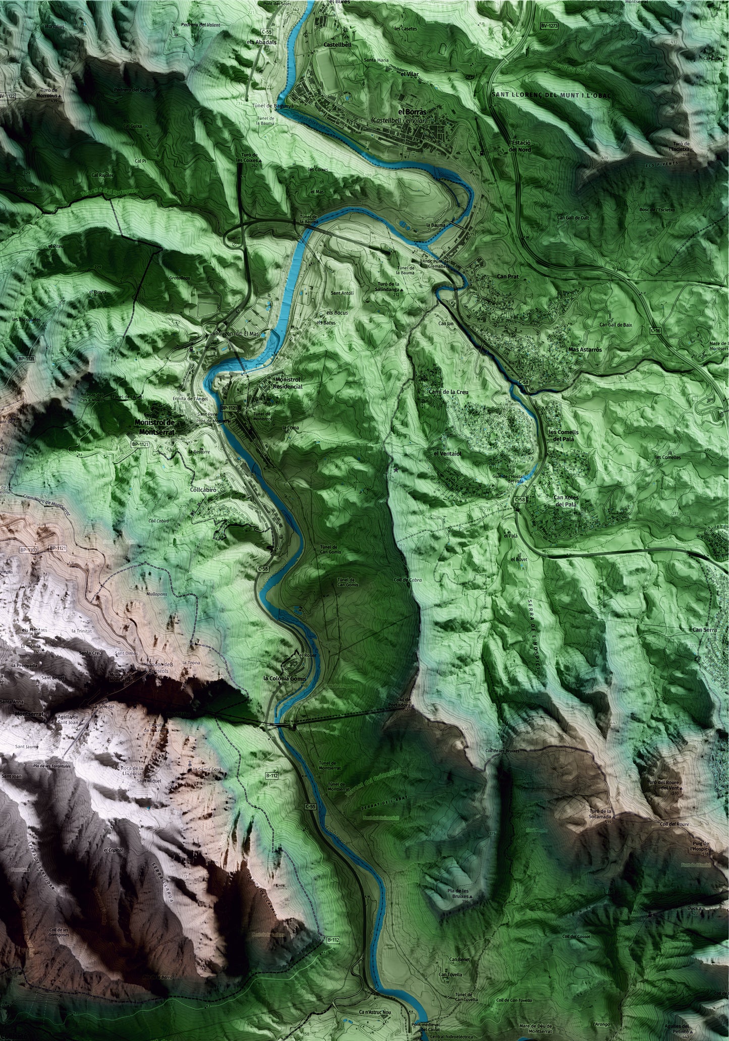 Mapa artístico del relieve de Collbató, al Baix Llobregat, con 15 km de entorno y base topográfica ICGC. Detalle de la zona superior derecha.