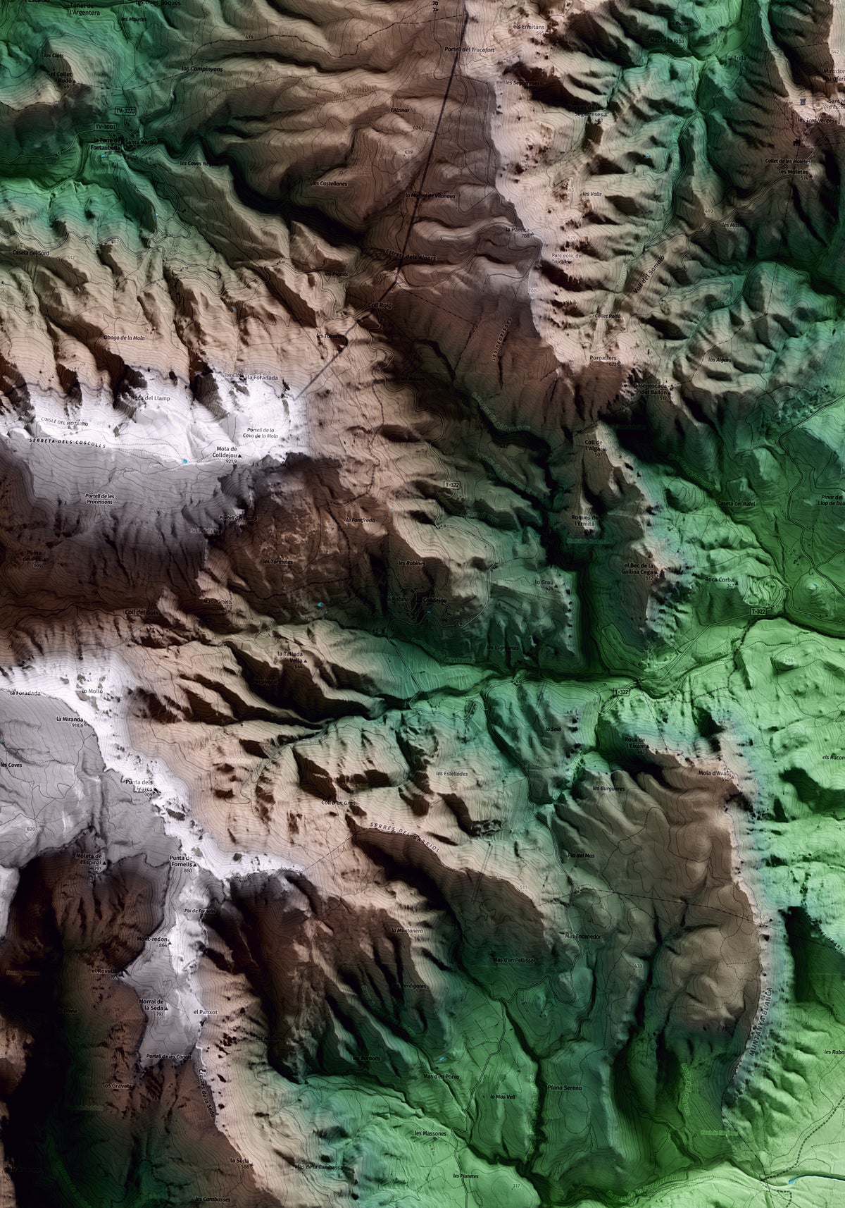 Mapa artístico del relieve de Colldejou, al Baix Camp, con 15 km de entorno y base topográfica ICGC. Detalle de la zona central.