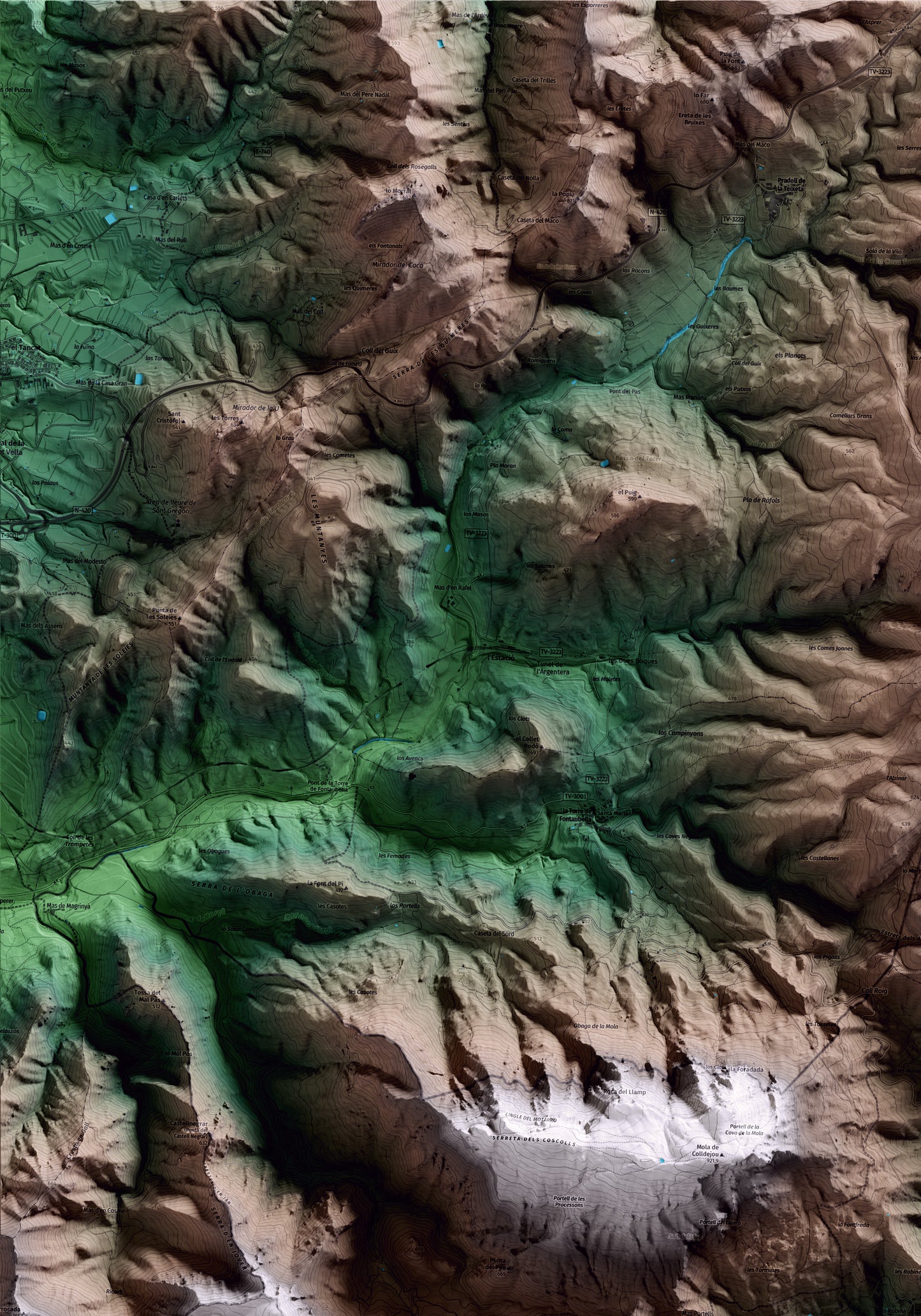 Mapa artístico del relieve de Colldejou, al Baix Camp, con 15 km de entorno y base topográfica ICGC. Detalle de la zona superior izquierda.