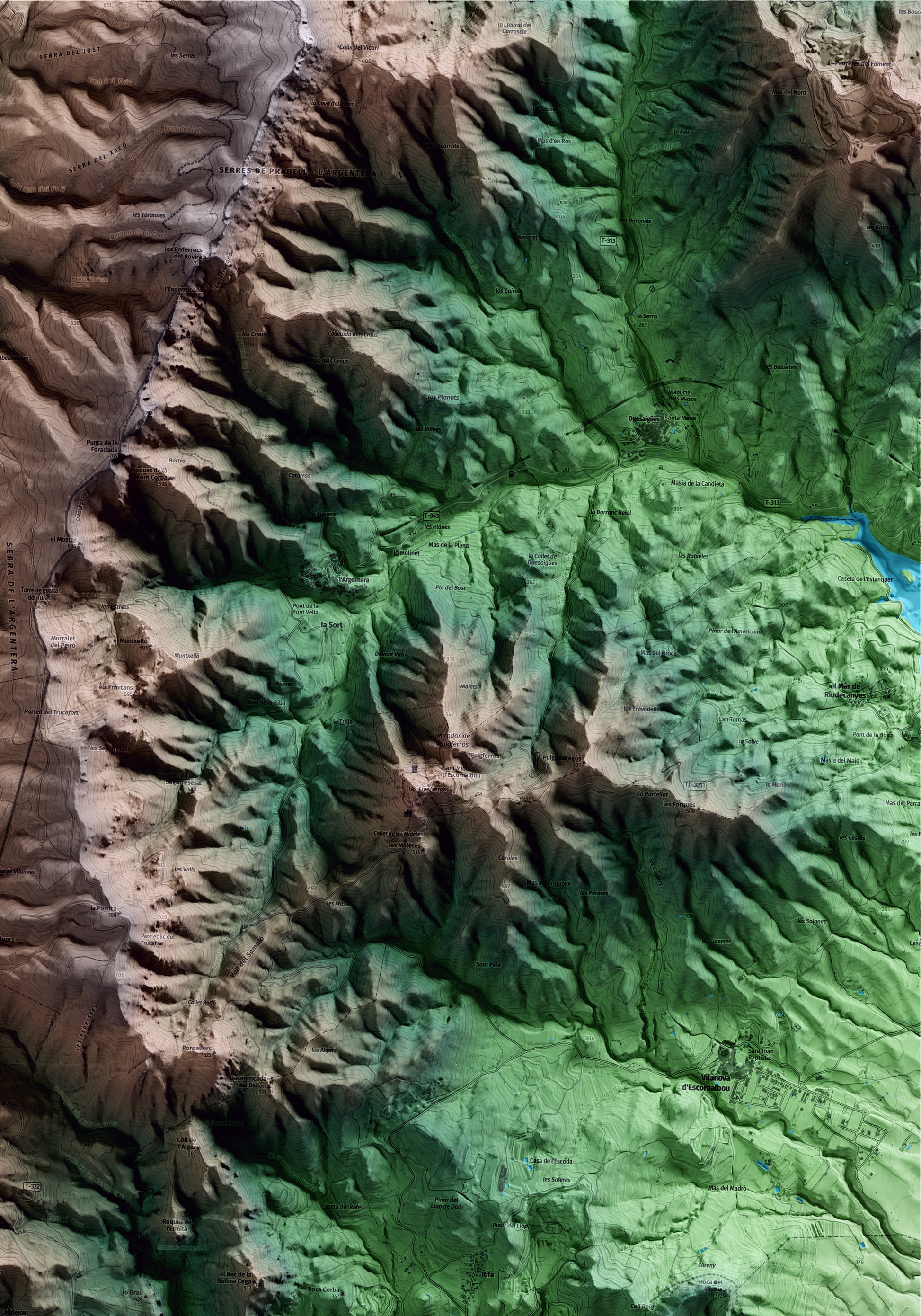 Mapa artístico del relieve de Colldejou, al Baix Camp, con 15 km de entorno y base topográfica ICGC. Detalle de la zona superior derecha.