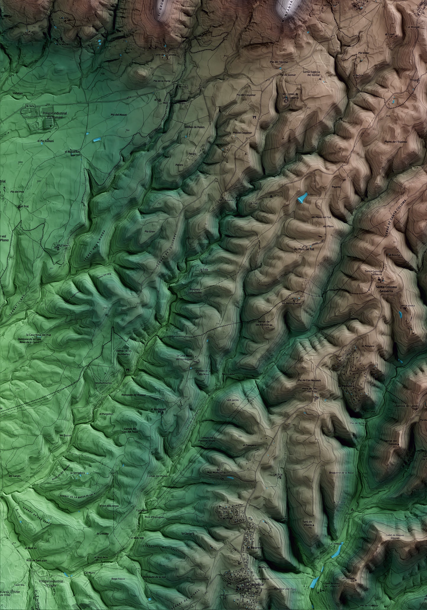 Mapa artístico del relieve de Collsuspina, al Moianès, con 15 km de entorno y base topográfica ICGC. Detalle de la zona inferior izquierda.