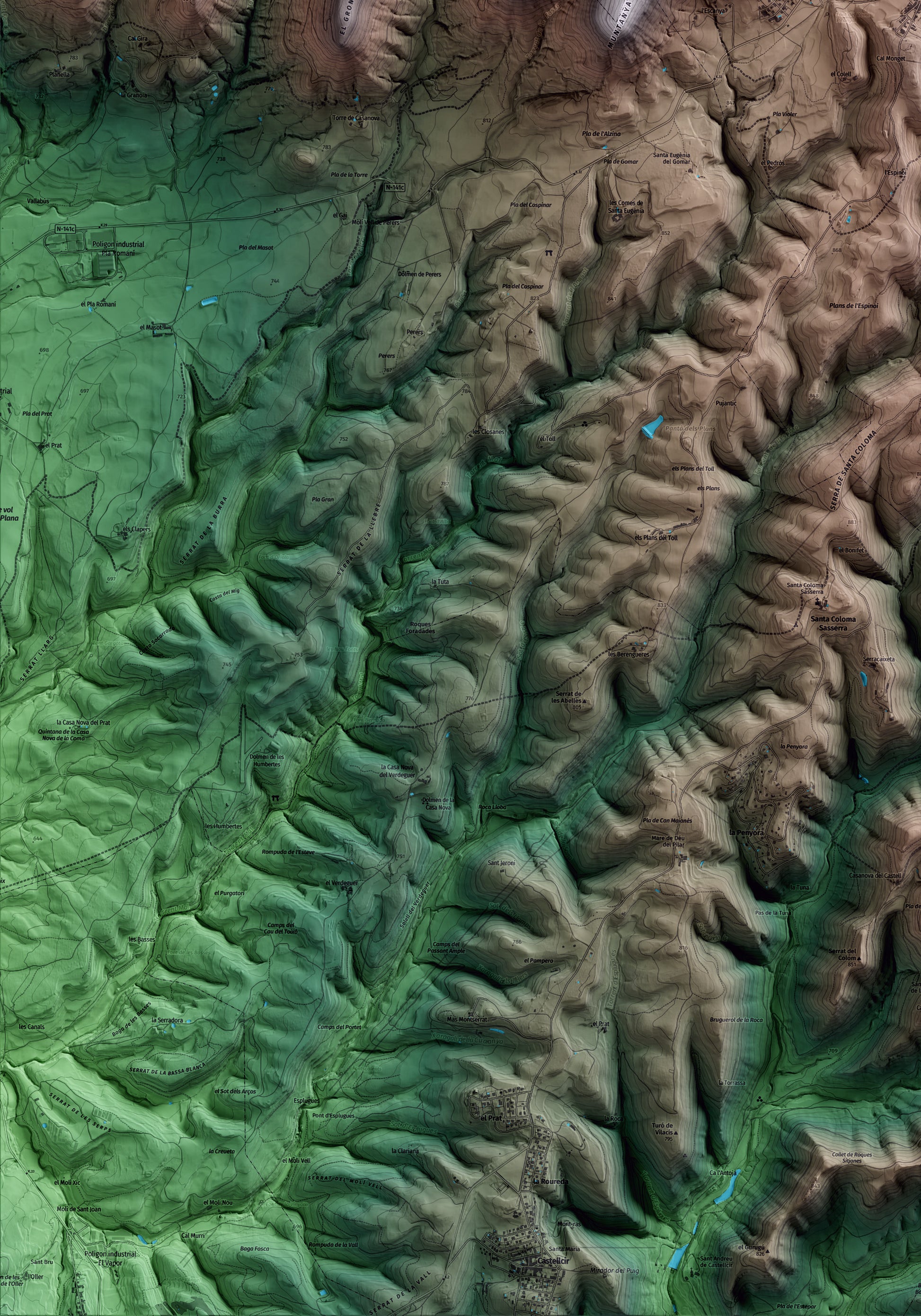 Mapa artístico del relieve de Collsuspina, al Moianès, con 15 km de entorno y base topográfica ICGC. Detalle de la zona inferior izquierda.