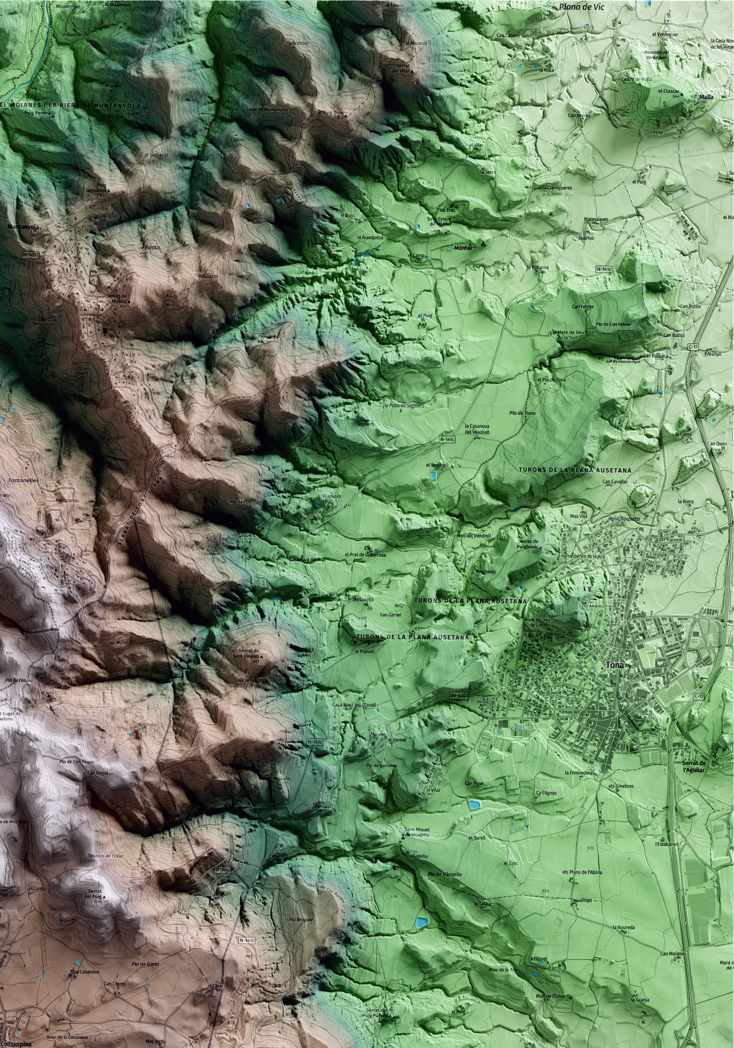 Mapa artístico del relieve de Collsuspina, al Moianès, con 15 km de entorno y base topográfica ICGC. Detalle de la zona superior derecha.