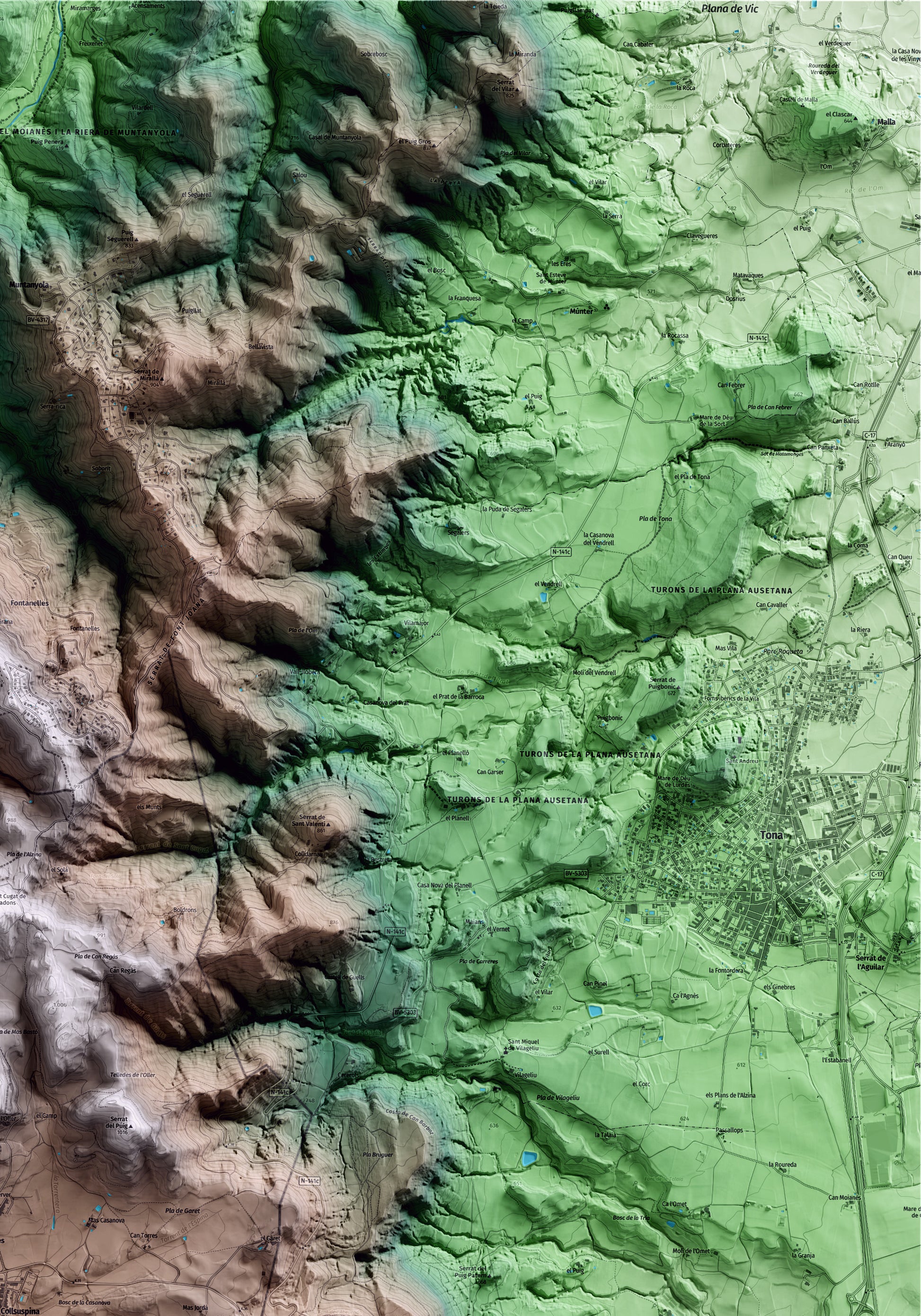 Mapa artístico del relieve de Collsuspina, al Moianès, con 15 km de entorno y base topográfica ICGC. Detalle de la zona superior derecha.