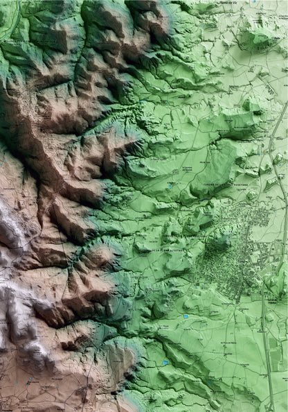 Mapa artístico del relieve de Collsuspina, al Moianès, con 15 km de entorno y base topográfica ICGC. Detalle de la zona superior derecha.