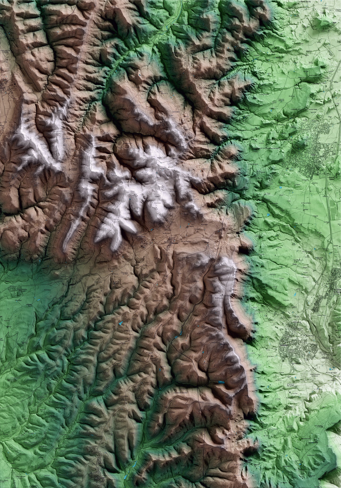 Mapa artístico del relieve de Collsuspina, al Moianès, con 15 km de entorno y base topográfica ICGC