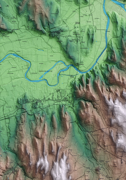 Mapa artístico del relieve de Colomers, al Baix Empordà, con 15 km de entorno y base topográfica ICGC. Detalle de la zona inferior izquierda.