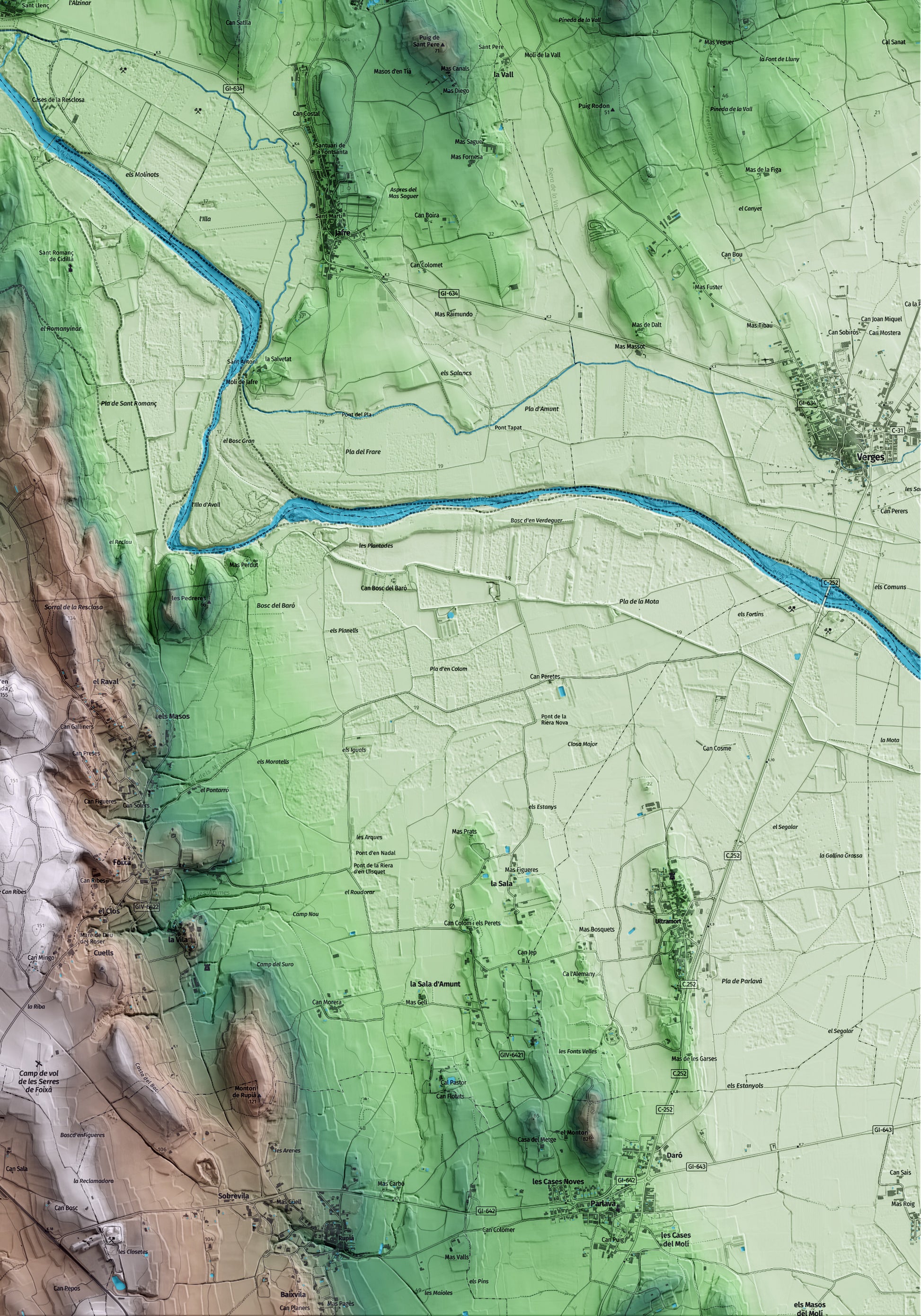 Mapa artístico del relieve de Colomers, al Baix Empordà, con 15 km de entorno y base topográfica ICGC. Detalle de la zona inferior derecha.