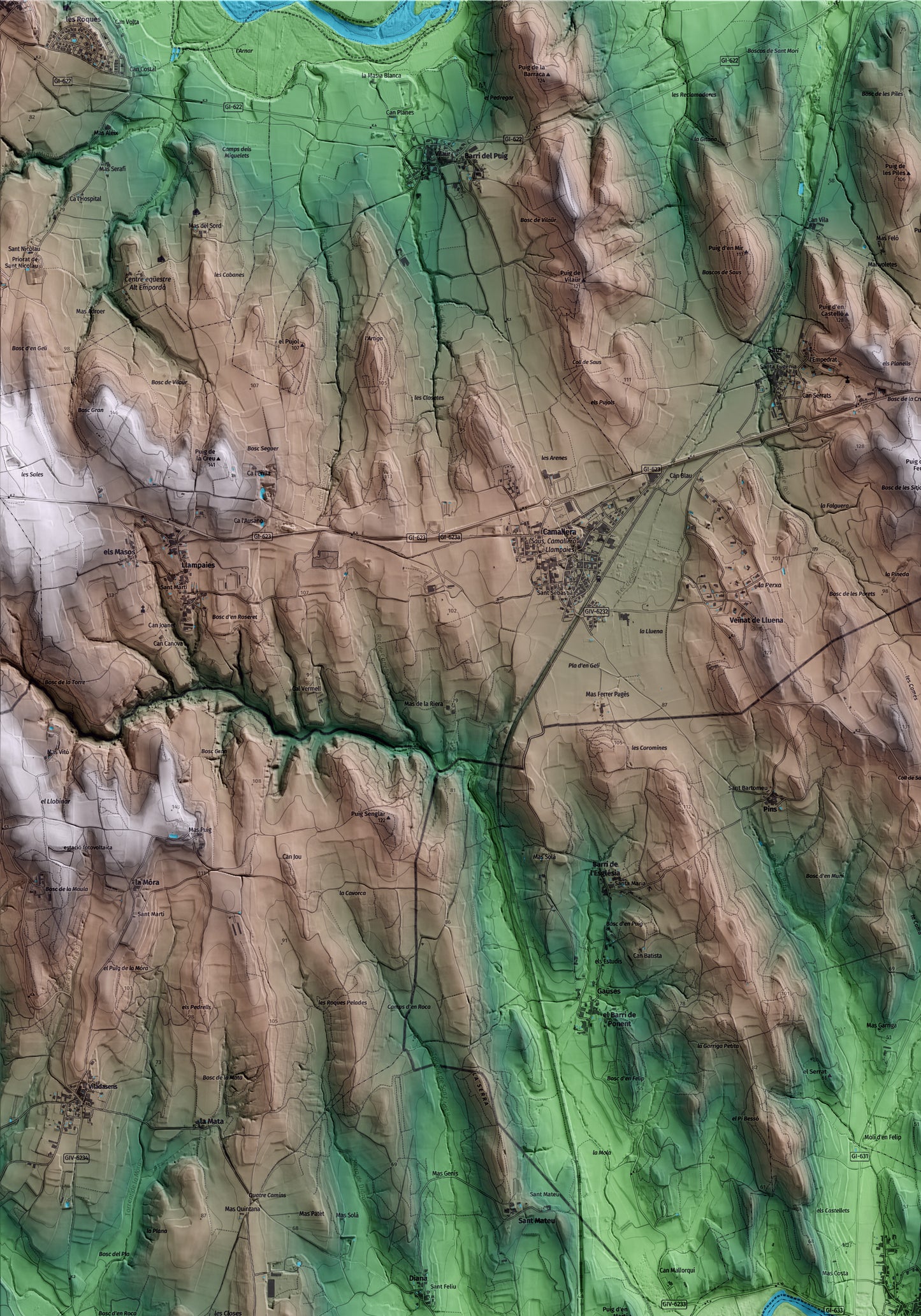Mapa artístico del relieve de Colomers, al Baix Empordà, con 15 km de entorno y base topográfica ICGC. Detalle de la zona superior izquierda.