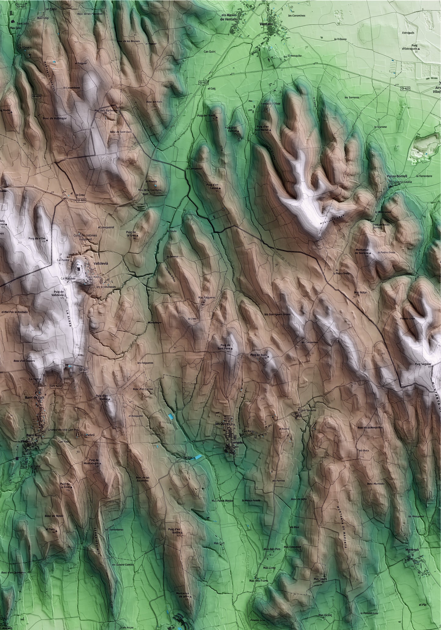Mapa artístico del relieve de Colomers, al Baix Empordà, con 15 km de entorno y base topográfica ICGC. Detalle de la zona superior derecha.