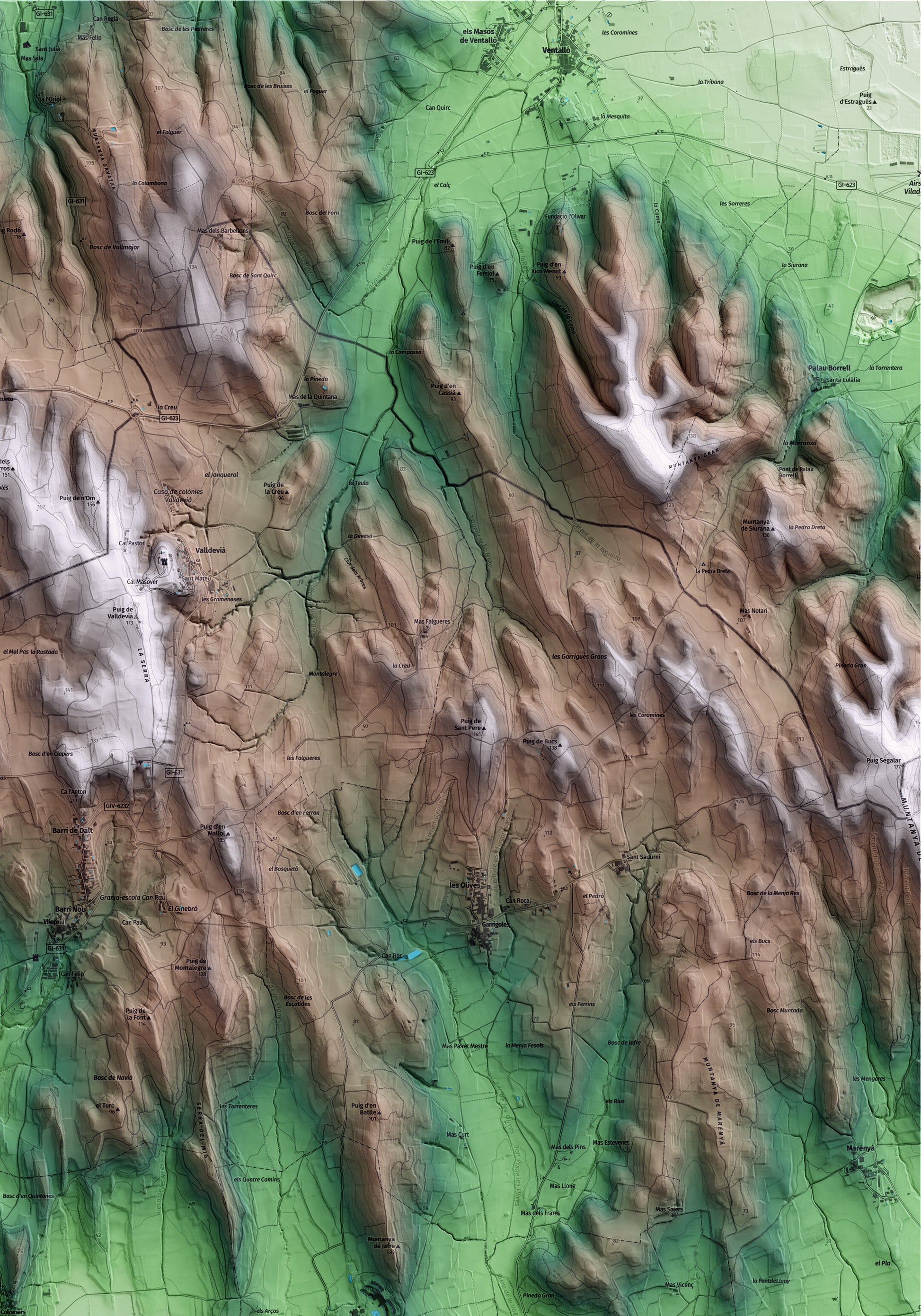 Mapa artístico del relieve de Colomers, al Baix Empordà, con 15 km de entorno y base topográfica ICGC. Detalle de la zona superior derecha.