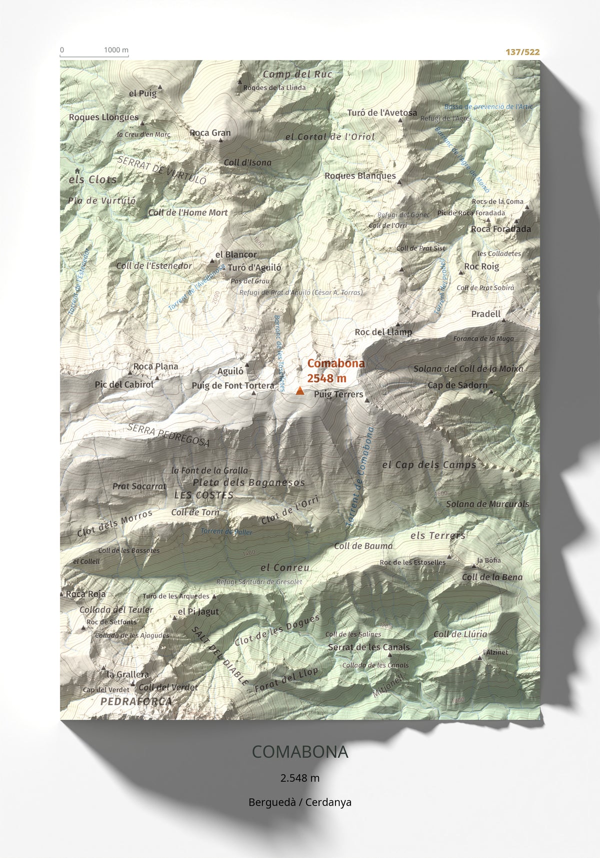 Mapa de relieve de Comabona, 2548 m, Berguedà · Cerdanya, lámina 100 Cims de Trobart 21 × 30 cm.