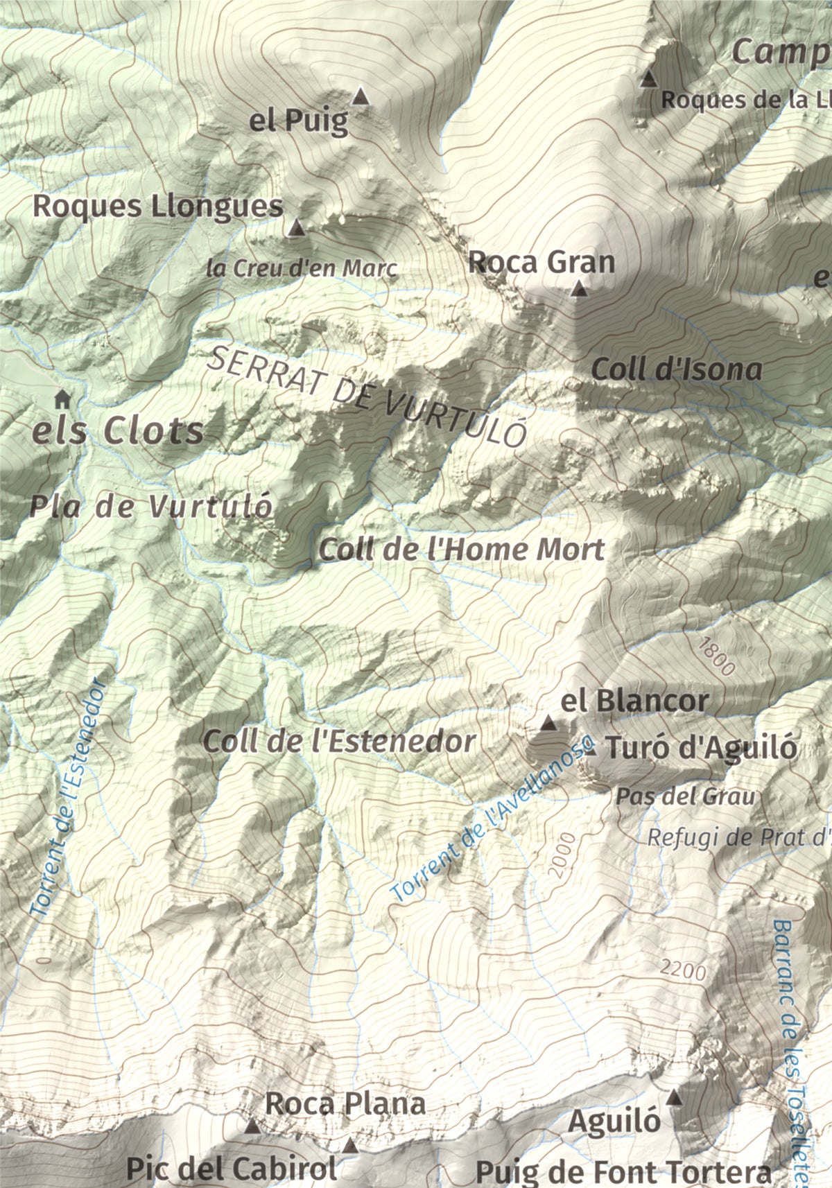 Mapa de relieve de Comabona, 2548 m, Berguedà · Cerdanya, lámina 100 Cims de Trobart. Detalle de la zona superior izquierda. 21 × 30 cm.
