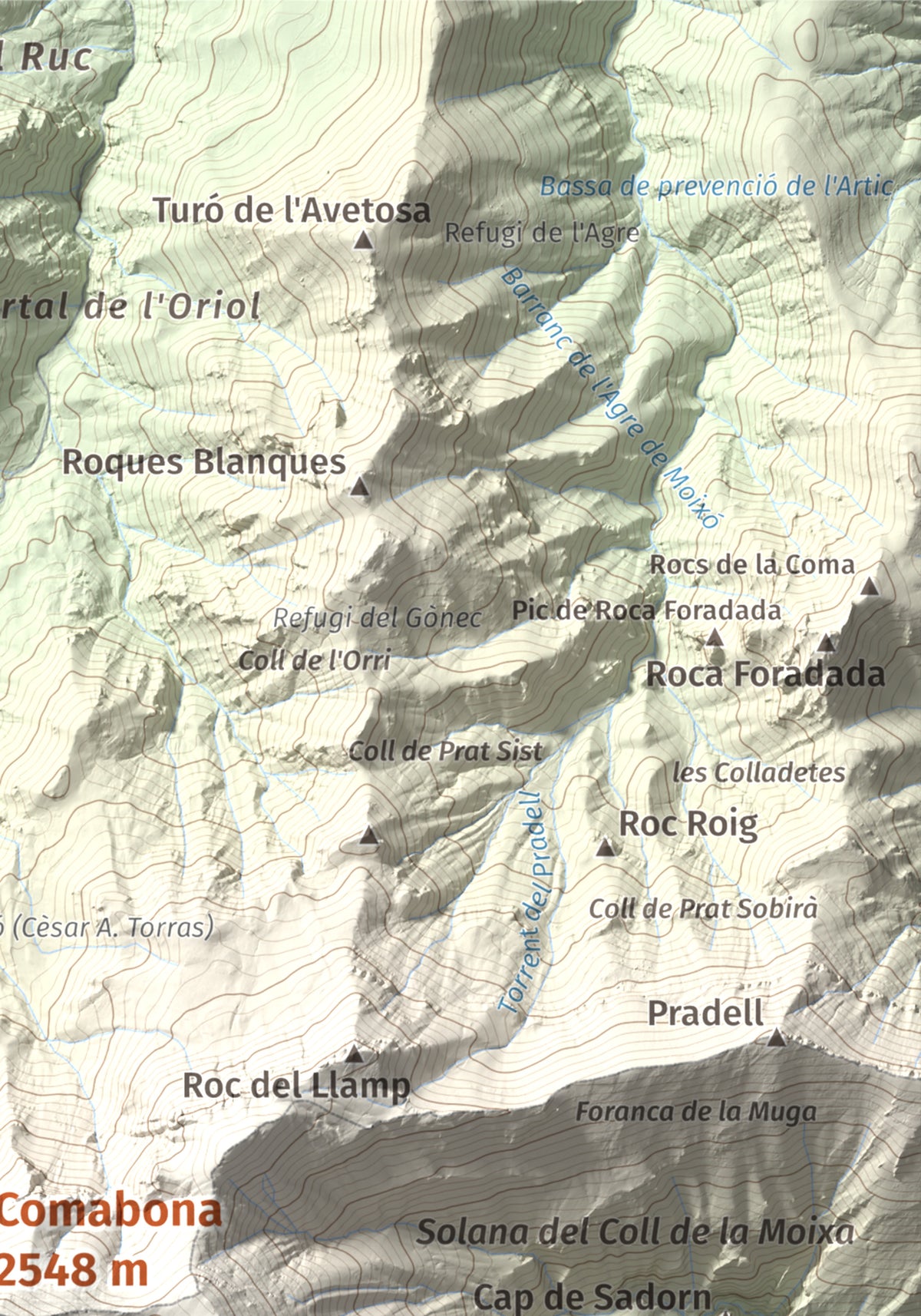Mapa de relieve de Comabona, 2548 m, Berguedà · Cerdanya, lámina 100 Cims de Trobart. Detalle de la zona superior derecha. 21 × 30 cm.