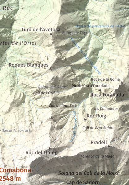 Mapa de relieve de Comabona, 2548 m, Berguedà · Cerdanya, lámina 100 Cims de Trobart. Detalle de la zona superior derecha. 21 × 30 cm.