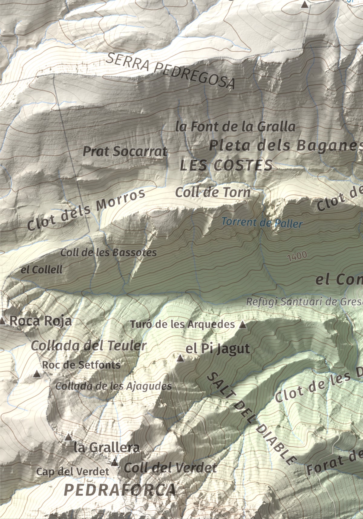 Mapa de relieve de Comabona, 2548 m, Berguedà · Cerdanya, lámina 100 Cims de Trobart. Detalle de la zona inferior izquierda. 21 × 30 cm.