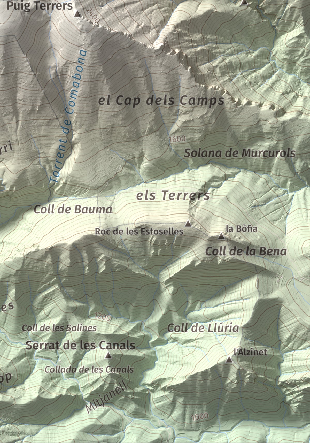 Mapa de relieve de Comabona, 2548 m, Berguedà · Cerdanya, lámina 100 Cims de Trobart. Detalle de la zona inferior derecha. 21 × 30 cm.
