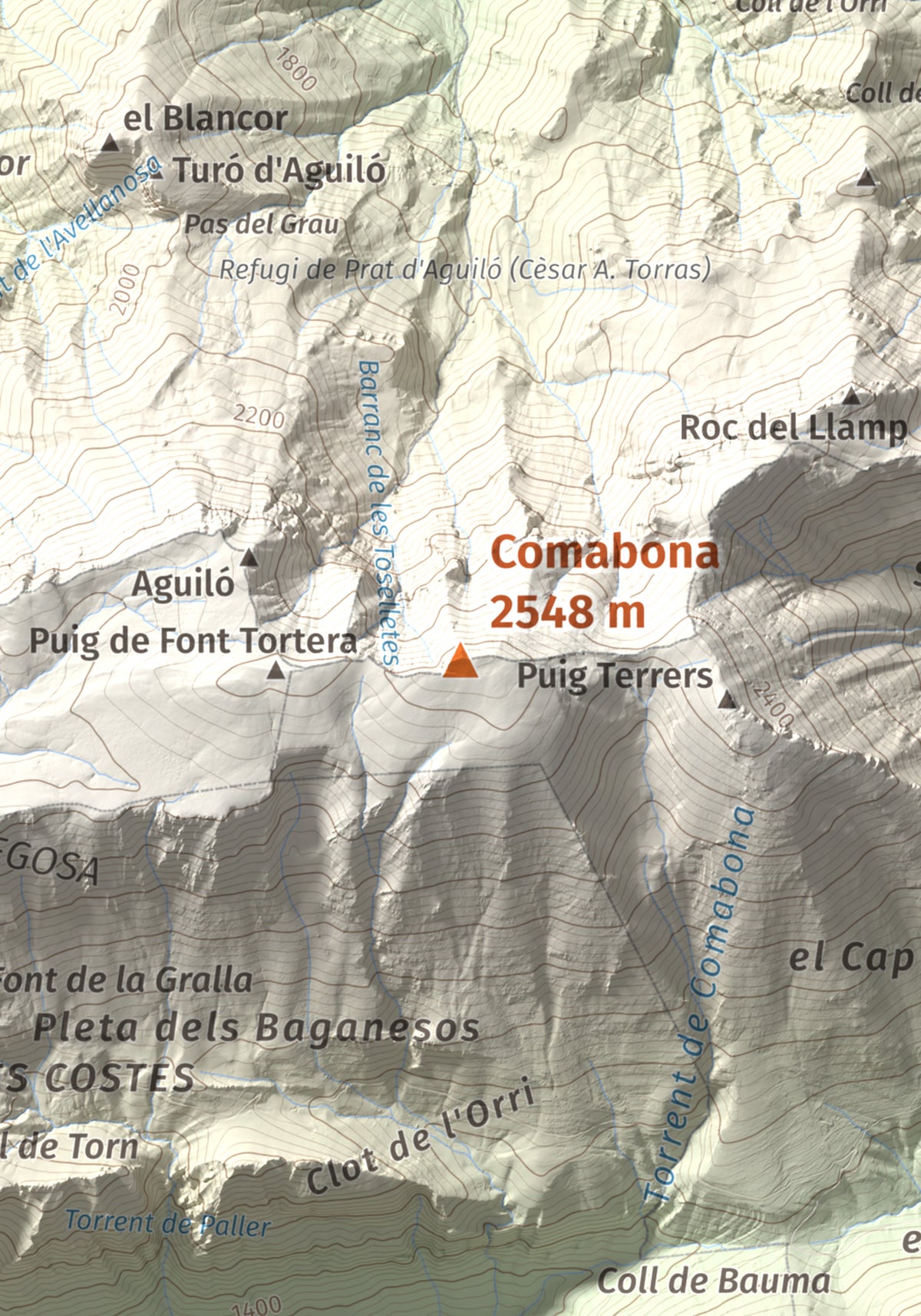 Mapa de relieve de Comabona, 2548 m, Berguedà · Cerdanya, lámina 100 Cims de Trobart. Detalle de la zona central. 21 × 30 cm.