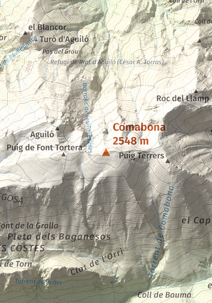 Mapa de relieve de Comabona, 2548 m, Berguedà · Cerdanya, lámina 100 Cims de Trobart. Detalle de la zona central. 21 × 30 cm.