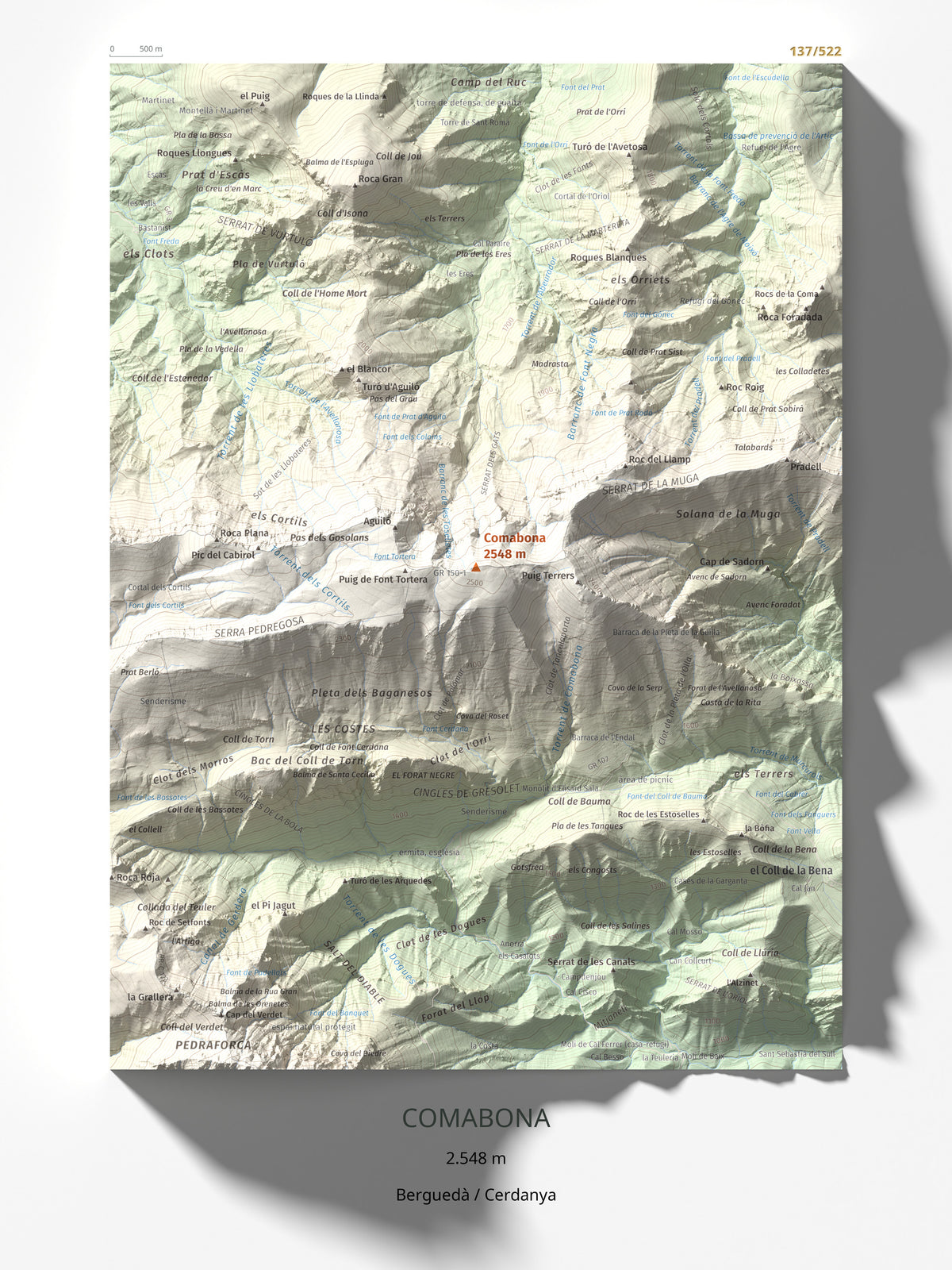 Mapa de relieve de Comabona, 2548 m, Berguedà · Cerdanya, lámina 100 Cims de Trobart 30 × 40 cm.