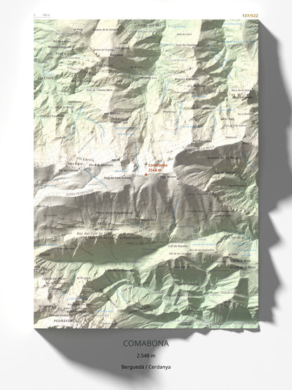 Mapa de relieve de Comabona, 2548 m, Berguedà · Cerdanya, lámina 100 Cims de Trobart 30 × 40 cm.