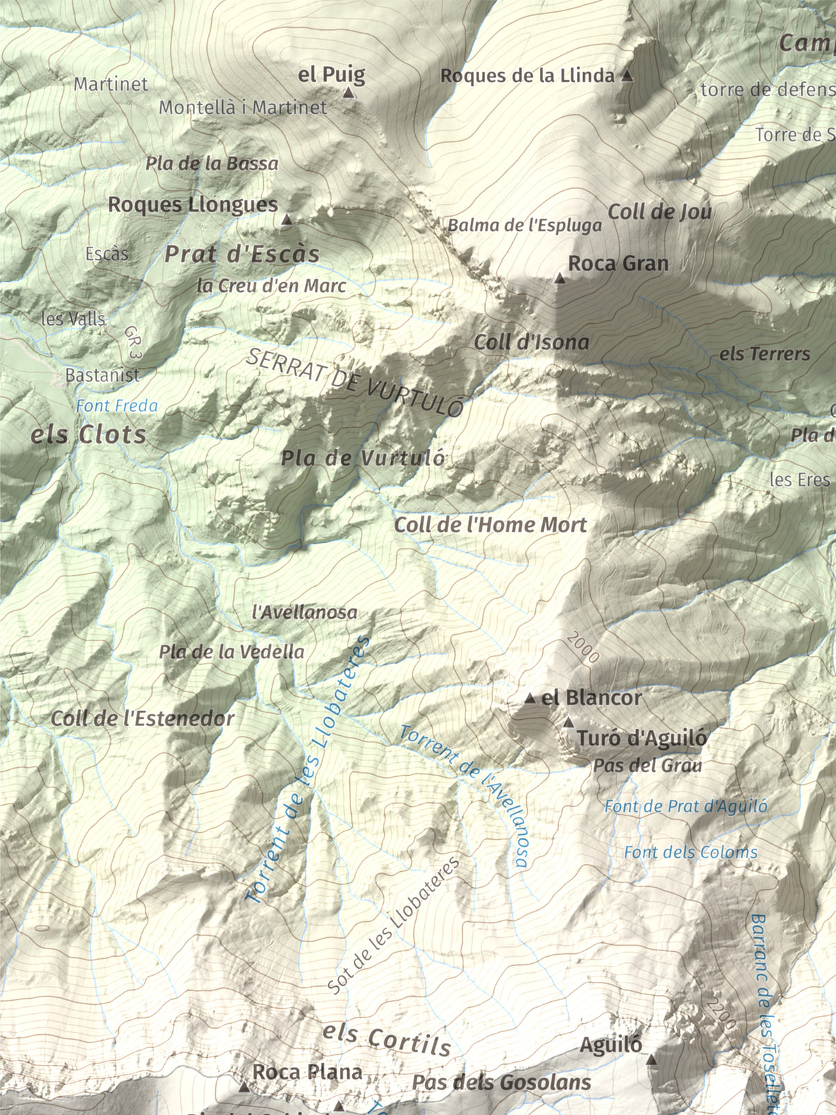 Mapa de relieve de Comabona, 2548 m, Berguedà · Cerdanya, lámina 100 Cims de Trobart. Detalle de la zona superior izquierda. 30 × 40 cm.