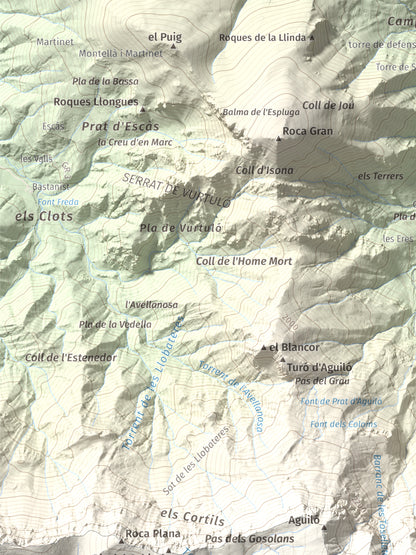 Mapa de relieve de Comabona, 2548 m, Berguedà · Cerdanya, lámina 100 Cims de Trobart. Detalle de la zona superior izquierda. 30 × 40 cm.
