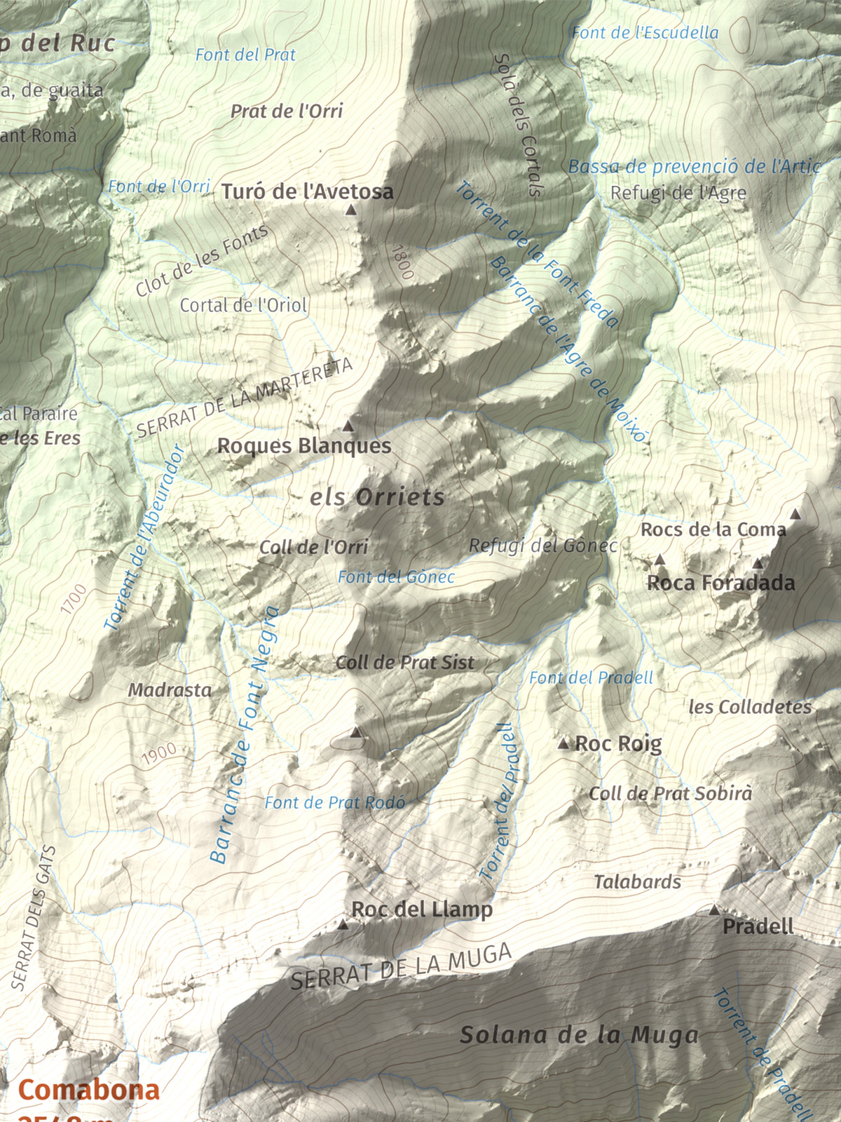 Mapa de relieve de Comabona, 2548 m, Berguedà · Cerdanya, lámina 100 Cims de Trobart. Detalle de la zona superior derecha. 30 × 40 cm.