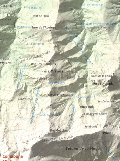 Mapa de relieve de Comabona, 2548 m, Berguedà · Cerdanya, lámina 100 Cims de Trobart. Detalle de la zona superior derecha. 30 × 40 cm.