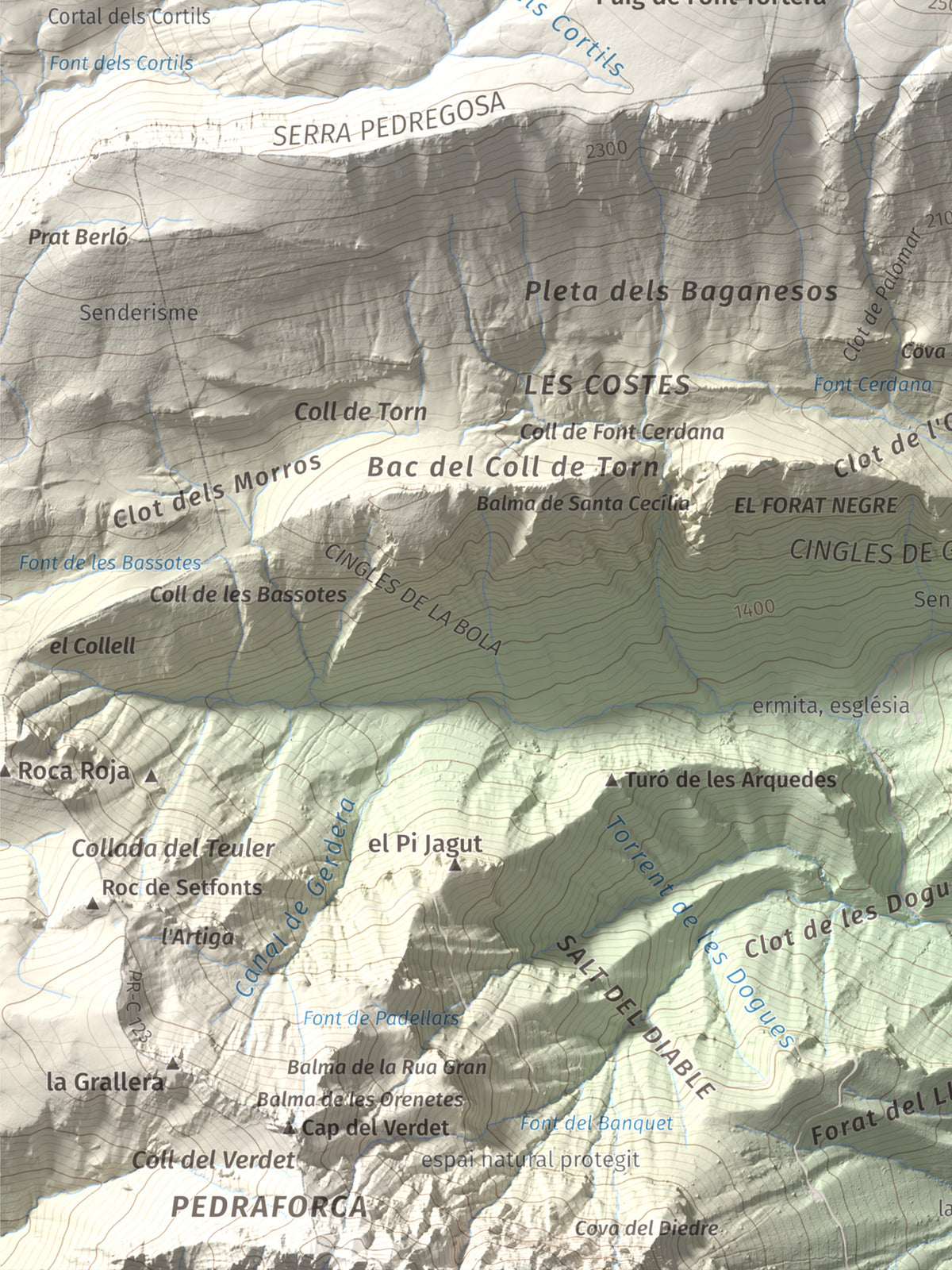 Mapa de relieve de Comabona, 2548 m, Berguedà · Cerdanya, lámina 100 Cims de Trobart. Detalle de la zona inferior izquierda. 30 × 40 cm.